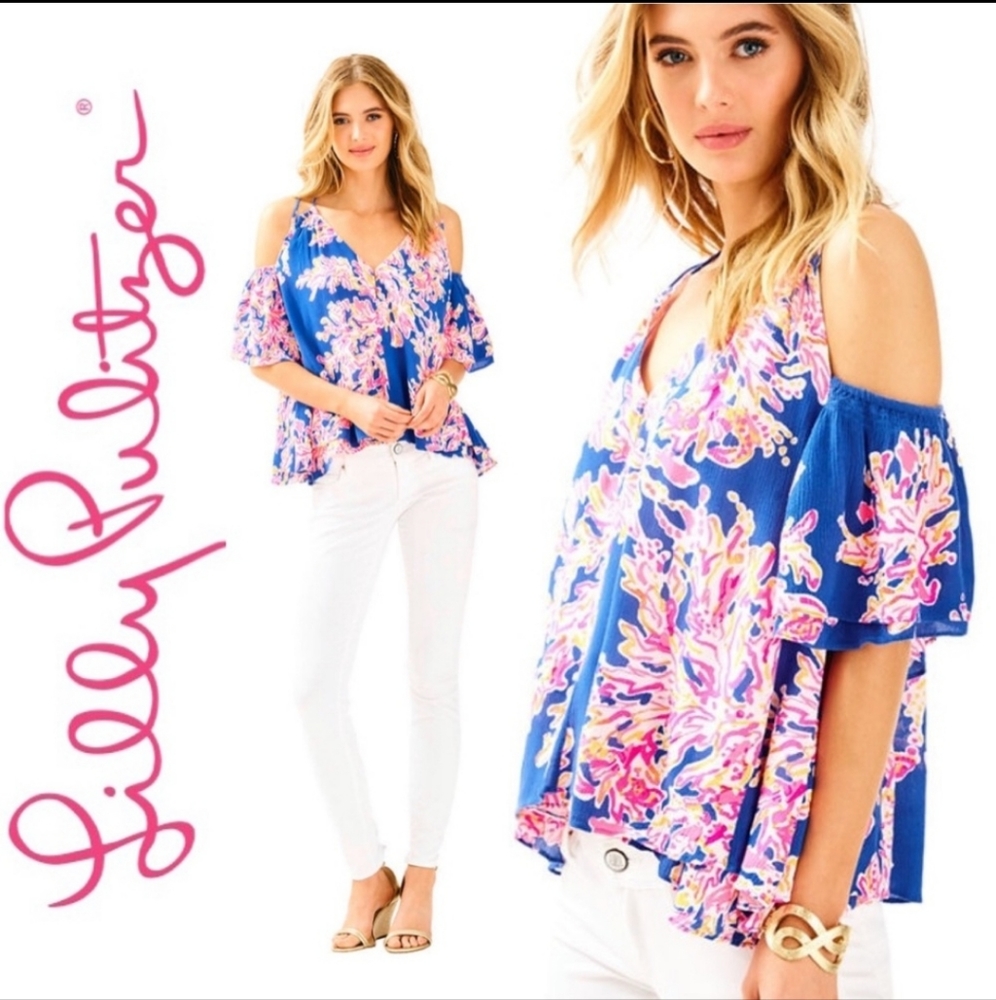 Lilly Pulitzer BELLAMIE Cold Shoulder Ruffle Top medium